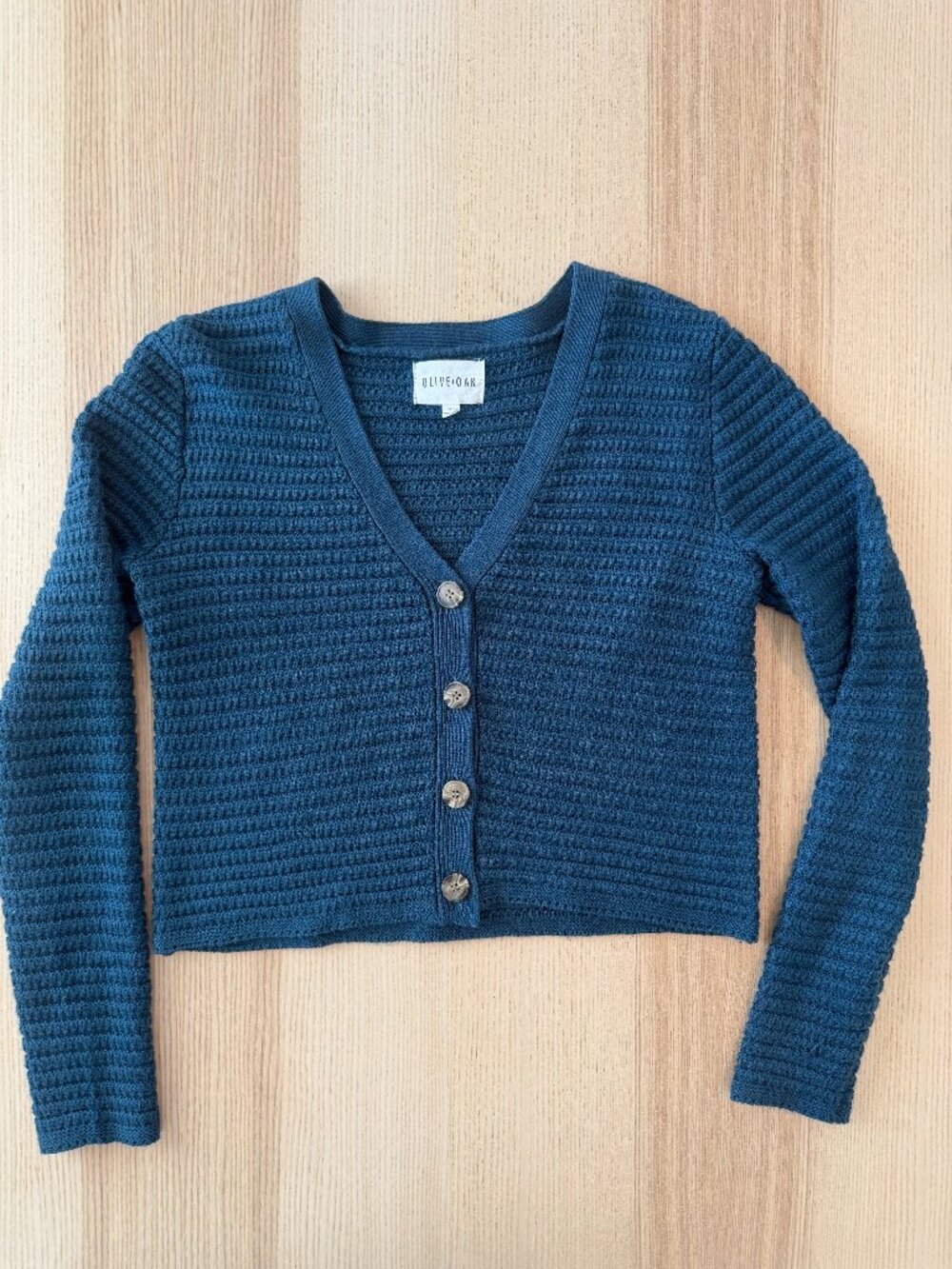 Olive + Oak Blue Waffle Knit Cropped Cardigan XS Cozy Girl Sweater